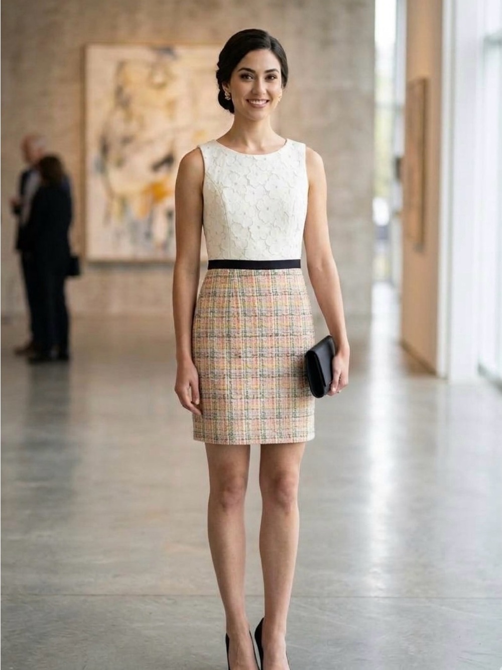 Trina Turk Elegant White Lace and Pastel Tweed Pencil Skirt size 6